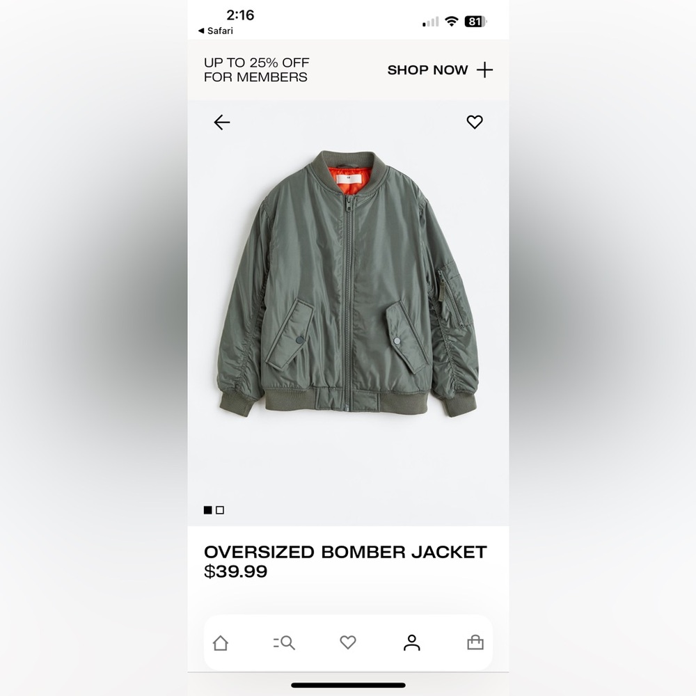 H&M Oversized Bomber Jacket in Olive Green with Orange Lining